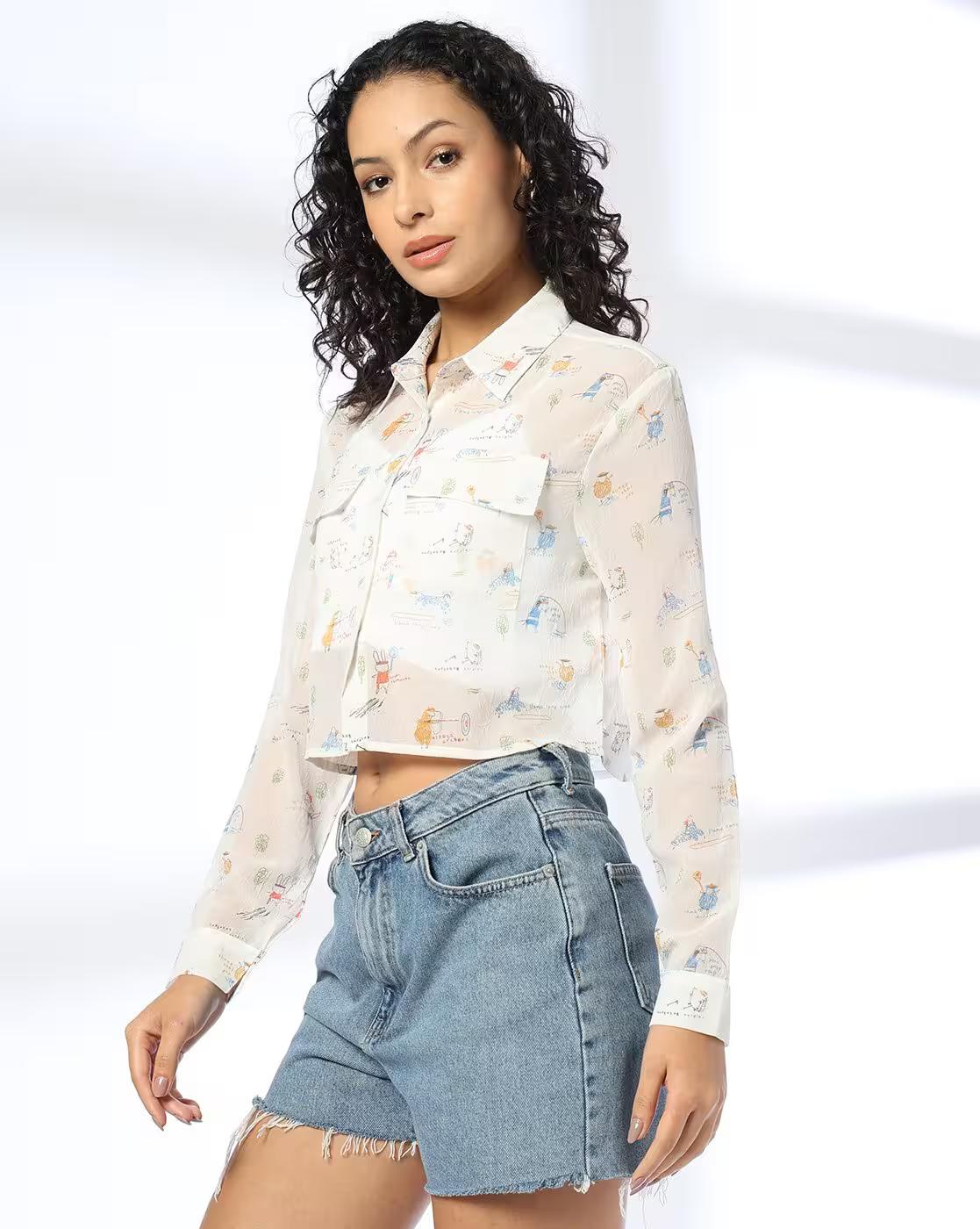 Women Micro Print Regular Fit Shirt with Flap Pockets