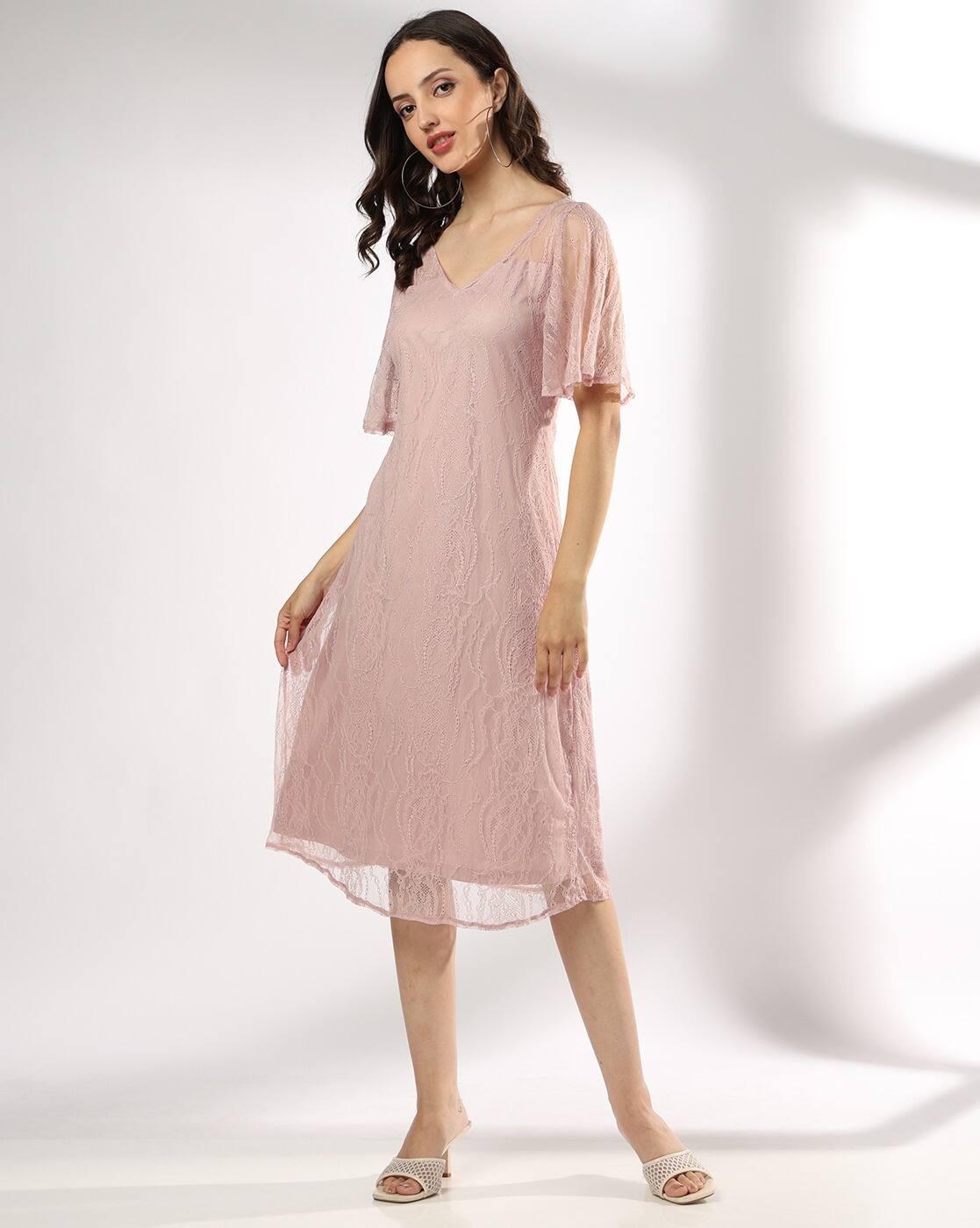 V Neck flare sleeve lace dress, PINK, S