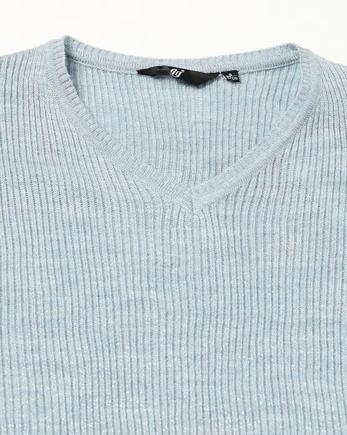 Women Ribbed Relaxed Fit V-Neck Top