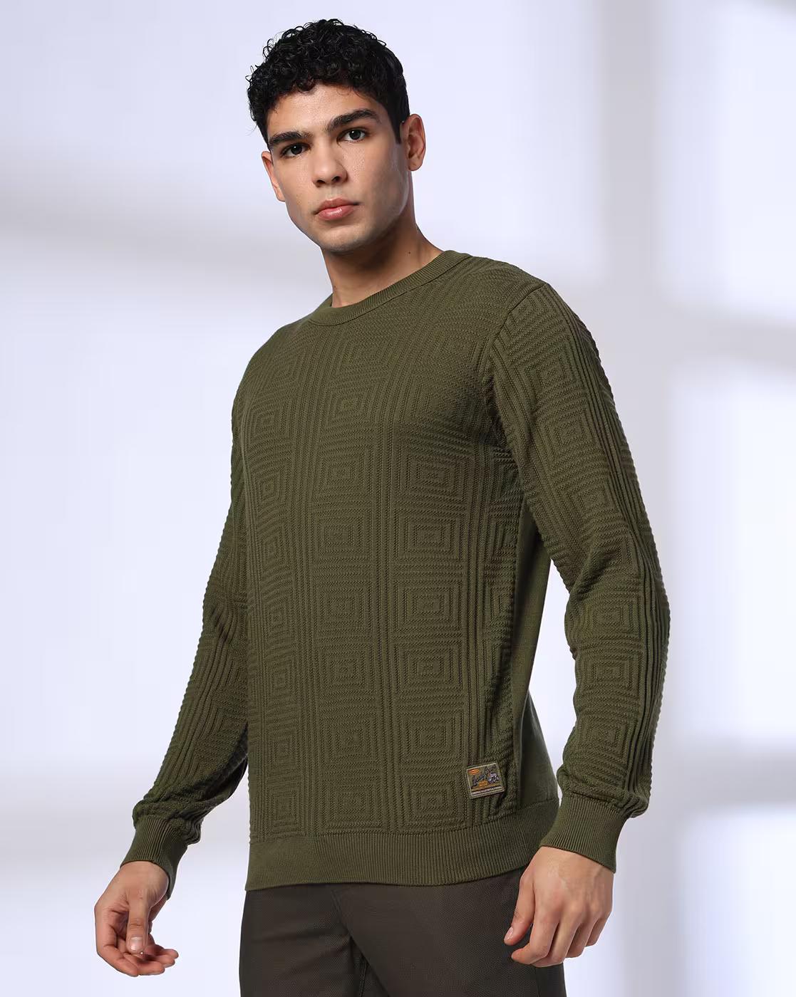 Men Embossed Regular Fit Crew-Neck T-Shirt