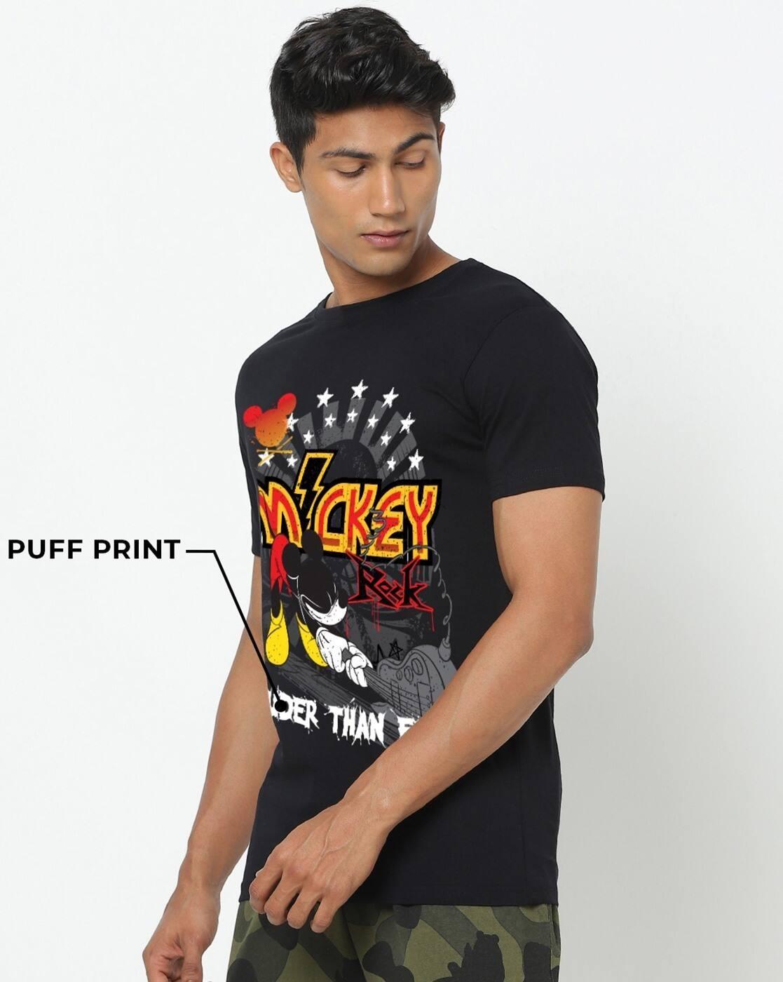 Disney - Men's Jet Black Micky Rock Graphic Printed T-shirt