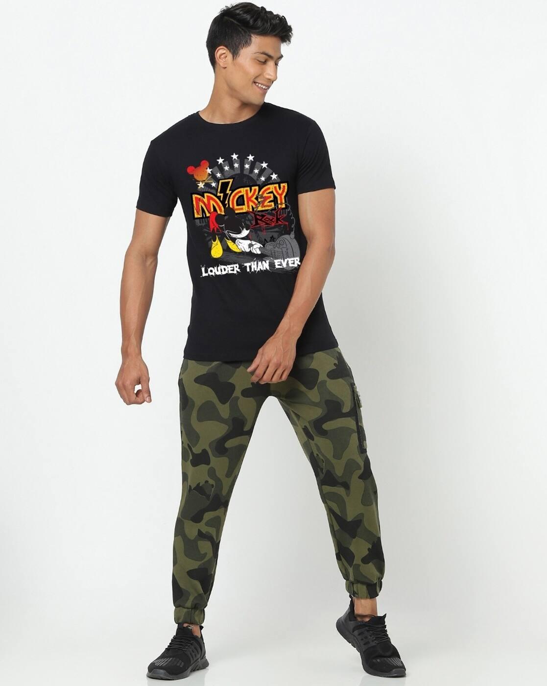 Disney - Men's Jet Black Micky Rock Graphic Printed T-shirt