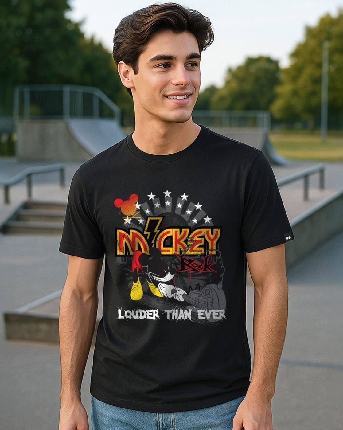 Disney - Men's Jet Black Micky Rock Graphic Printed T-shirt