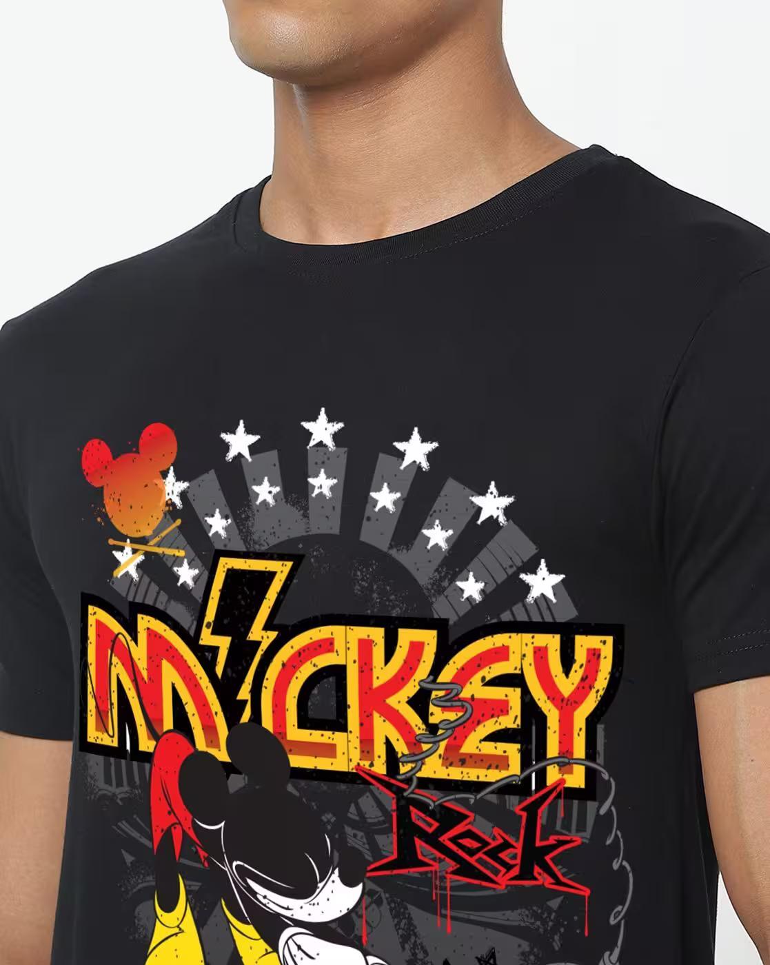 Disney - Men's Jet Black Micky Rock Graphic Printed T-shirt