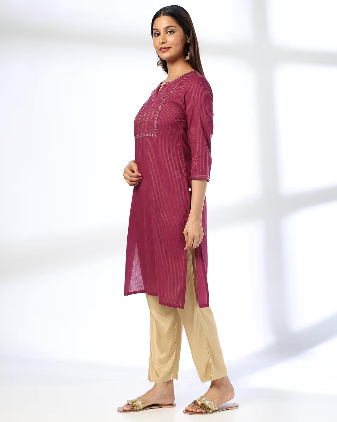 LINES COTTON LUREX EMB YOKE KUR, WINE, M