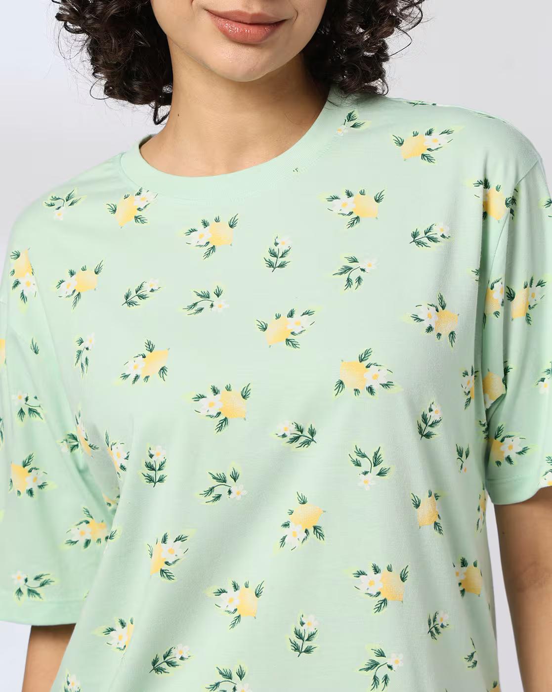 Women Floral Print T-Shirt & Pyjamas Set