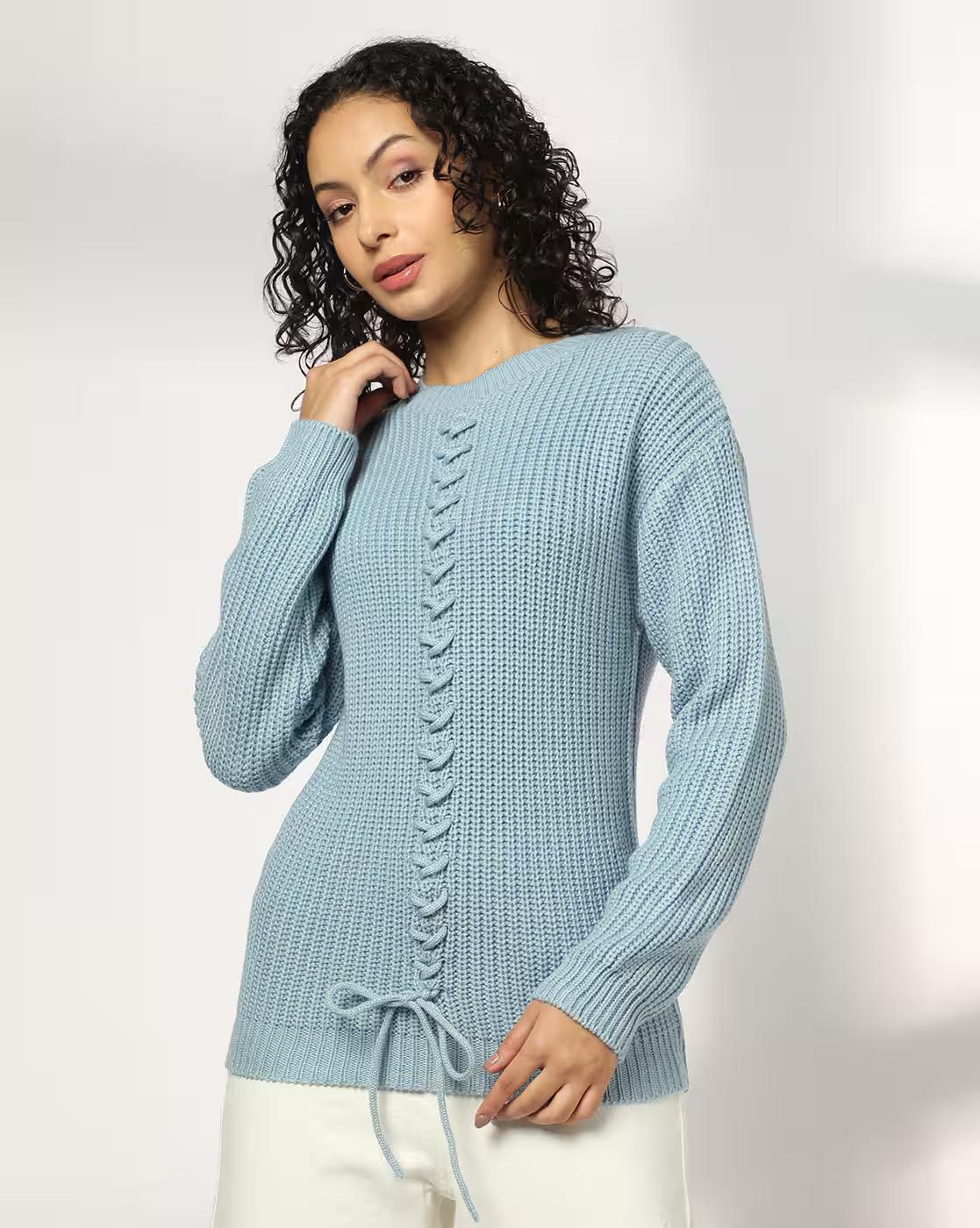 Front Criss Cross Tie Up Sweate, BLUE, S