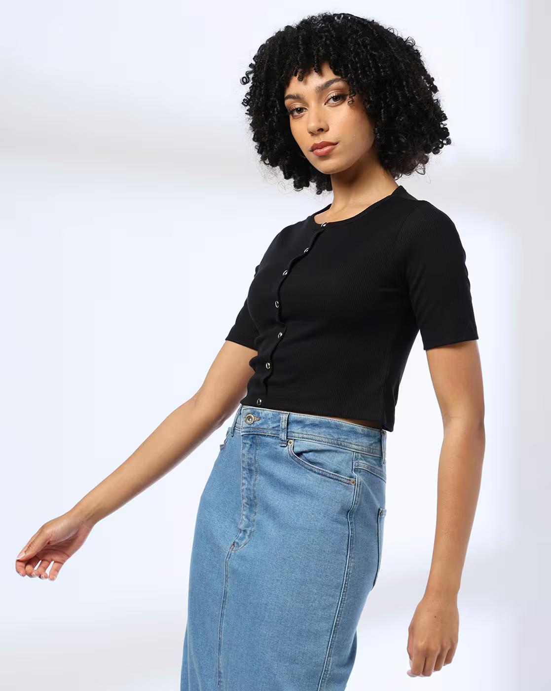 FRONT BUTTON TOP, BLACK, XL