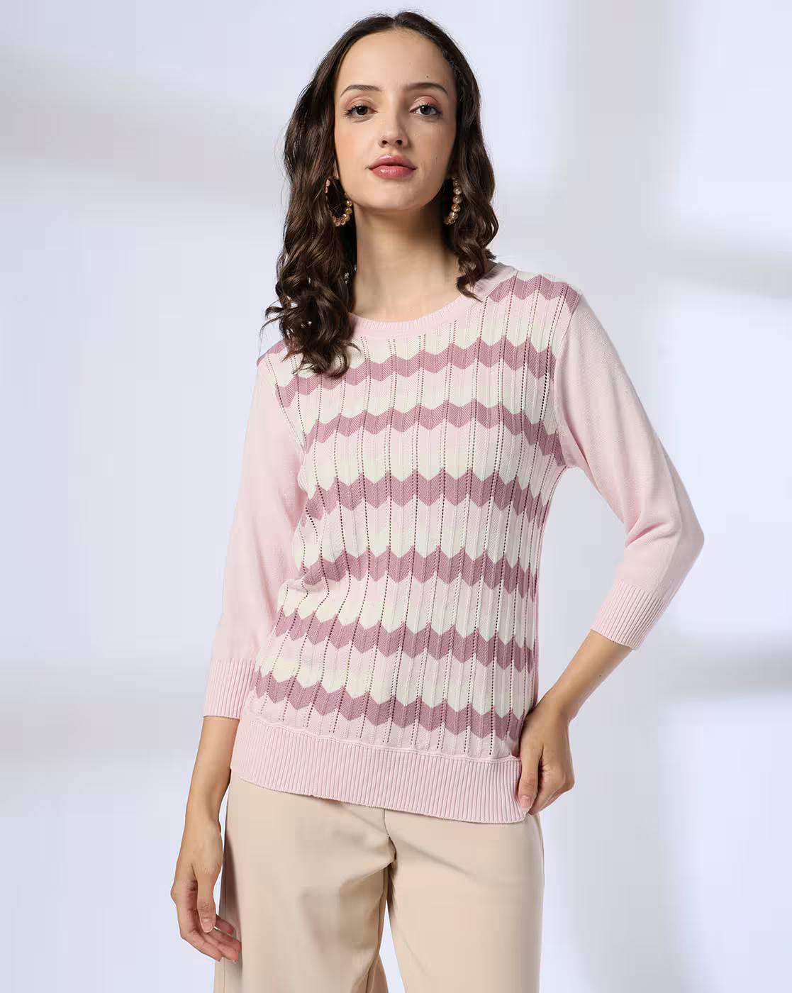 Women Chevron-Knit Round-Neck Pullover