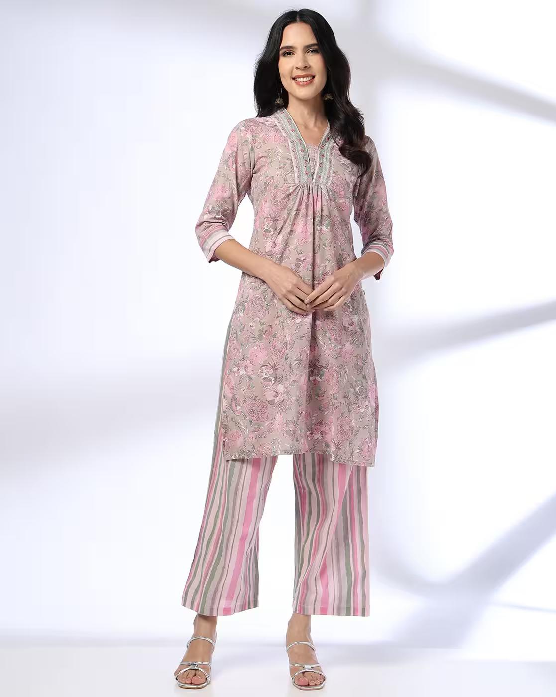 WATER FLORAL KURTA LINES BOTTOM, PINK, M