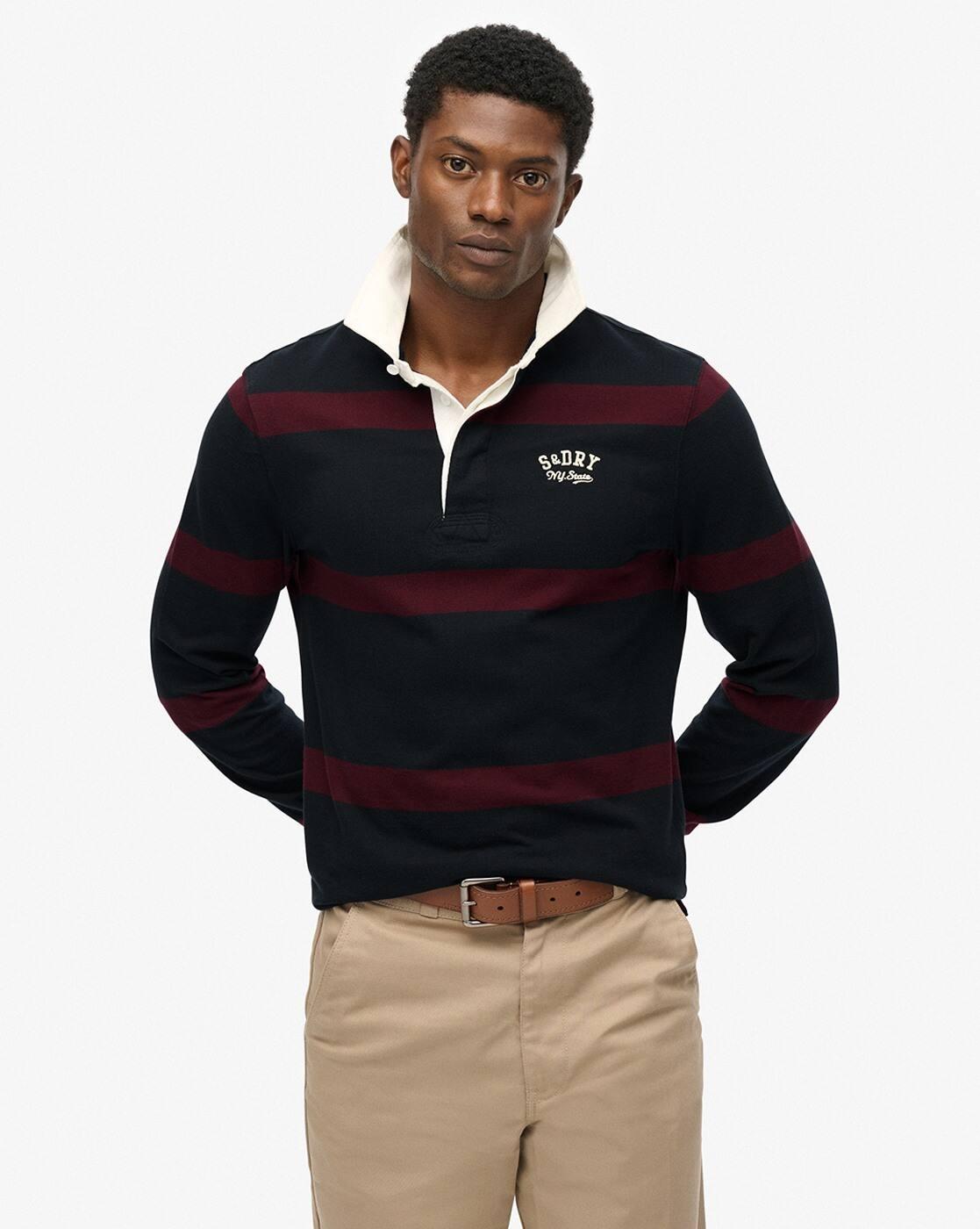 Men Vintage Athletic Striped Rugby Regular Fit Polo T-Shirt