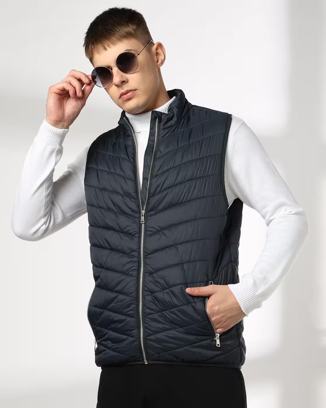 SLEEVELESS QUILTED PUFFER JACKE, NAVY, L