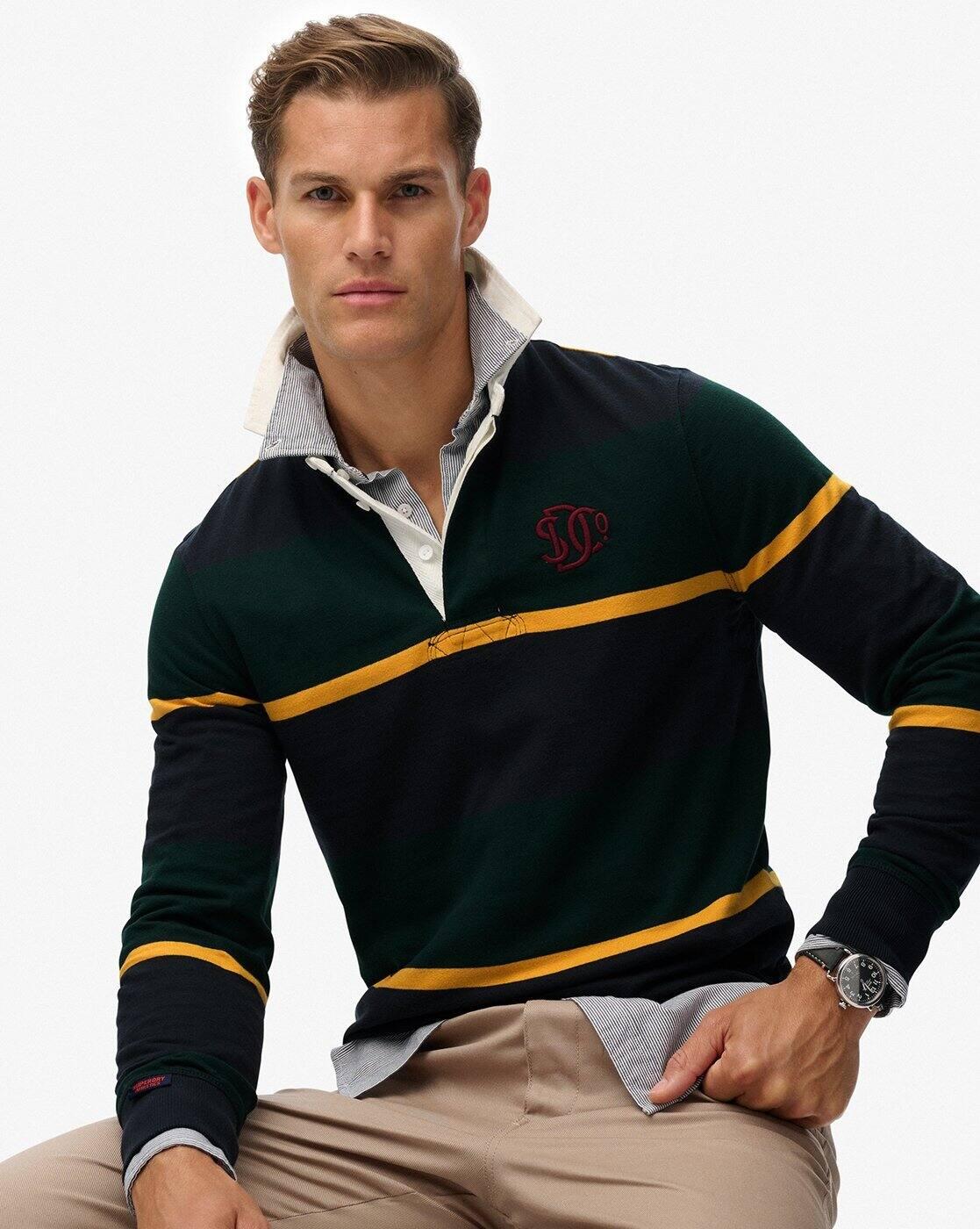 Men Vintage Athletic Striped Rugby Regular Fit Polo T-Shirt