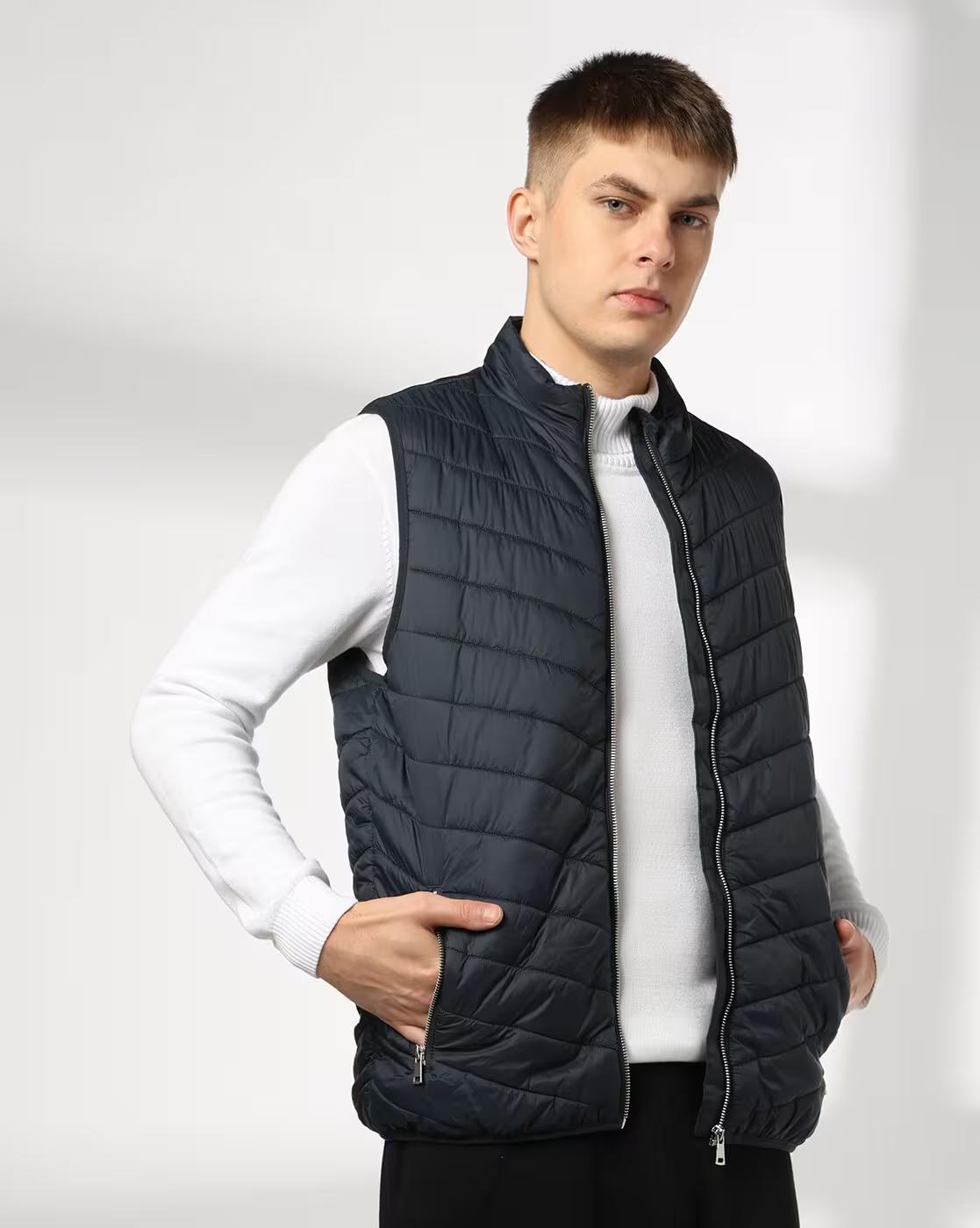 SLEEVELESS QUILTED PUFFER JACKE, NAVY, L