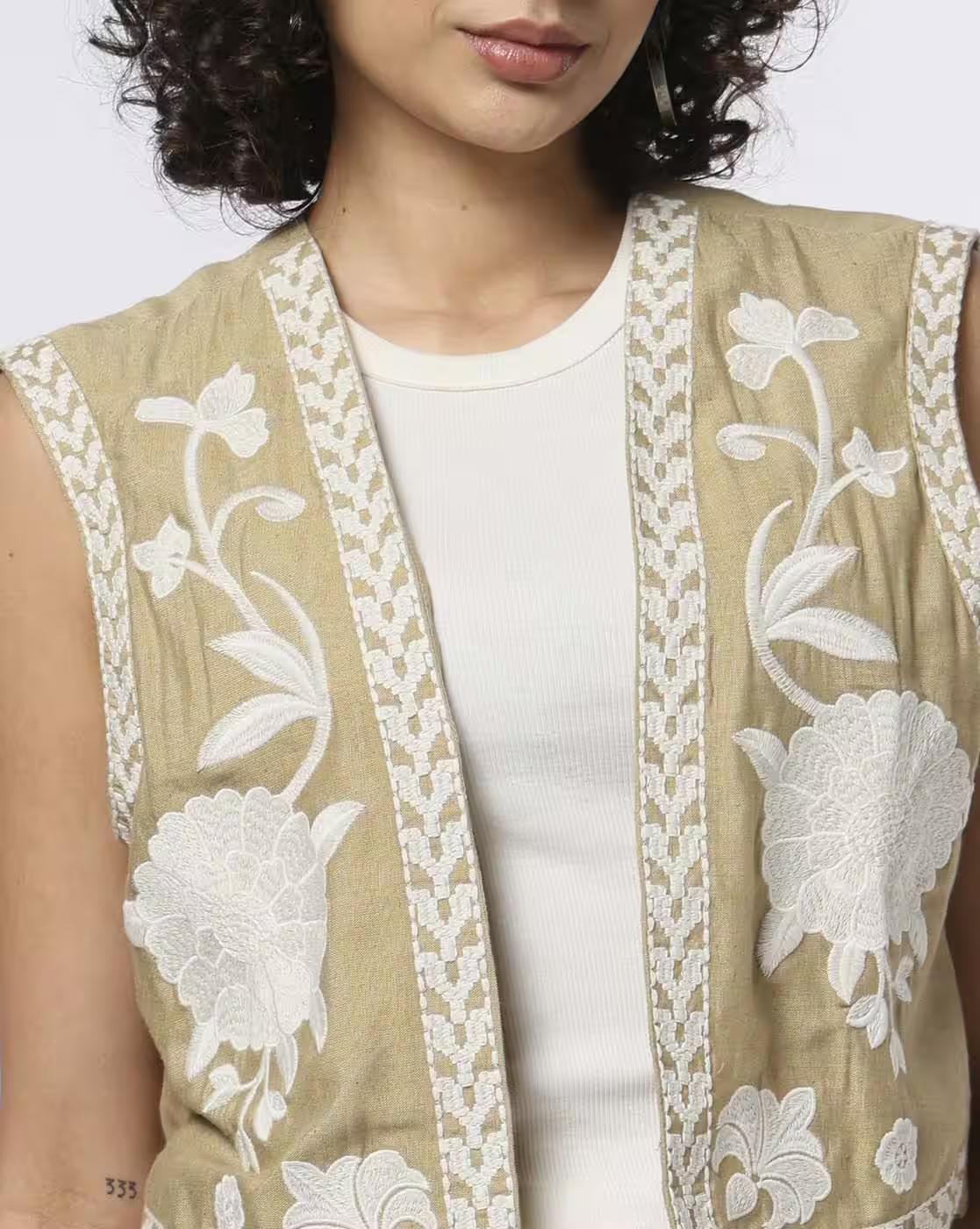 Floral Embroidered Waistcoat, KHAKI, M