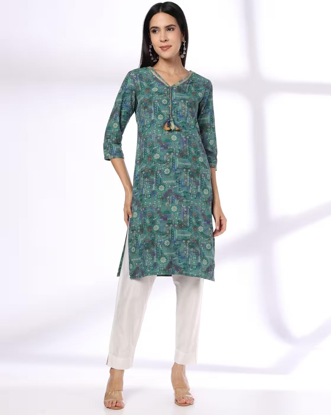 MIX PRINT MOCK TWISTED TASSLE K, TEAL, L