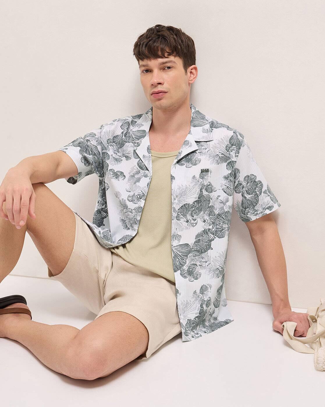 Men Floral Printed Relax Fit Ca, GREY, S