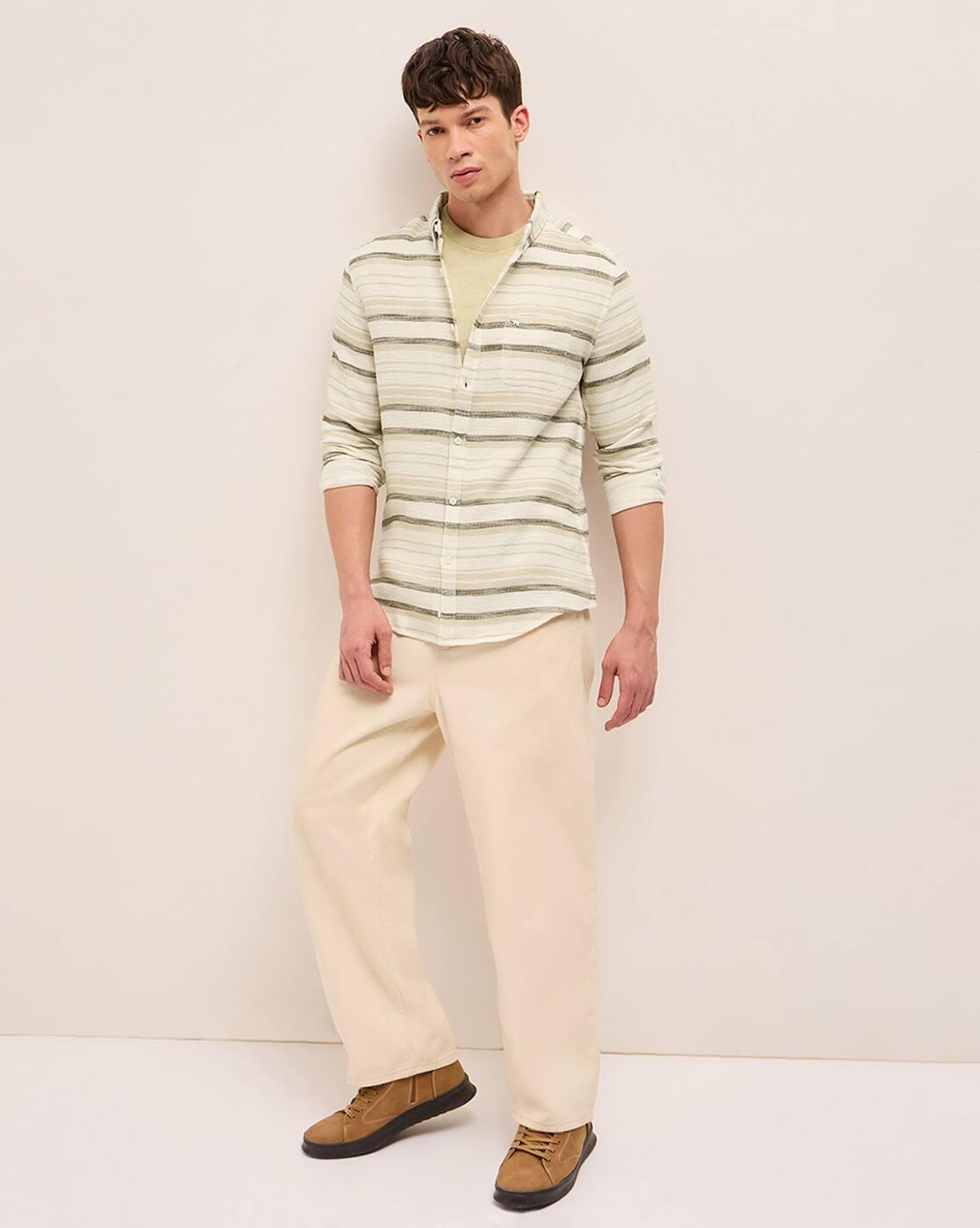 Men Striped Cotton Slim Fit Ca, BEIGE, M