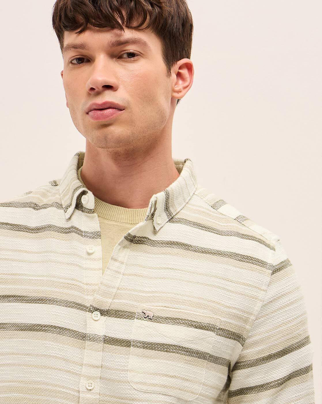 Men Striped Cotton Slim Fit Ca, BEIGE, M