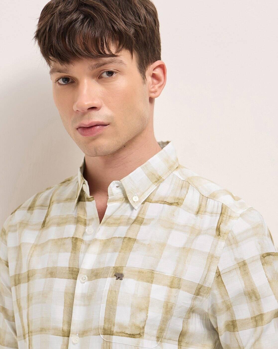 Men Cotton Checked Slim Fit, MUSTARD, S