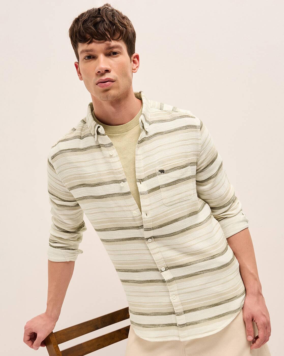 Men Striped Cotton Slim Fit Ca, BEIGE, M