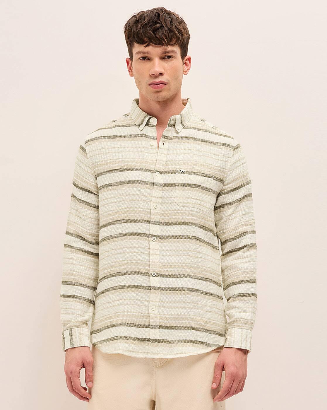 Men Striped Cotton Slim Fit Ca, BEIGE, M
