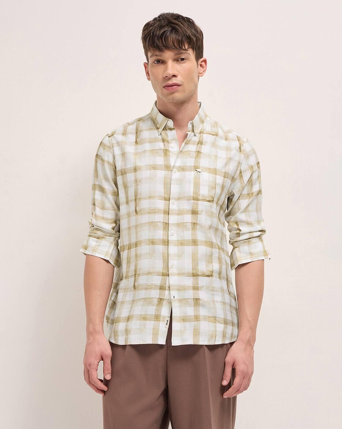 Men Cotton Checked Slim Fit, MUSTARD, S