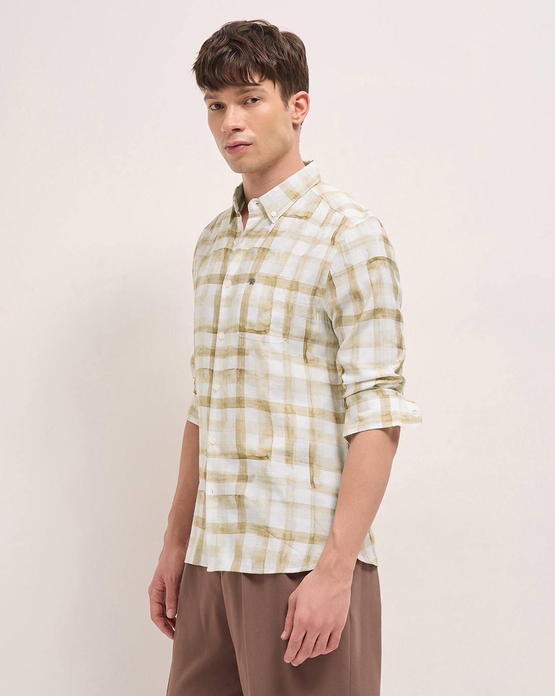 Men Cotton Checked Slim Fit, MUSTARD, S