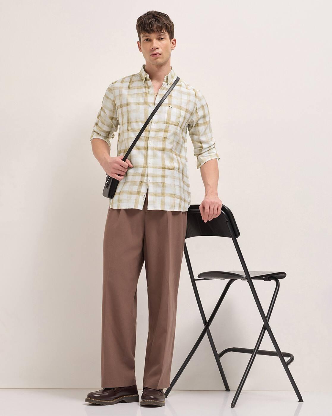 Men Cotton Checked Slim Fit, MUSTARD, S
