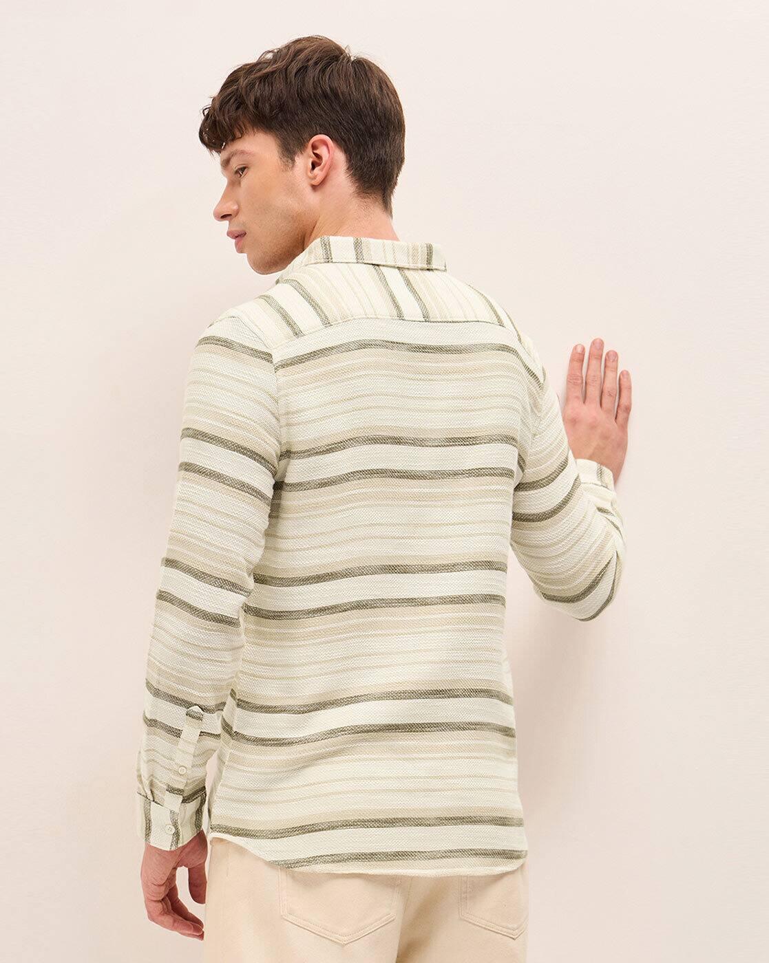 Men Striped Cotton Slim Fit Ca, BEIGE, M