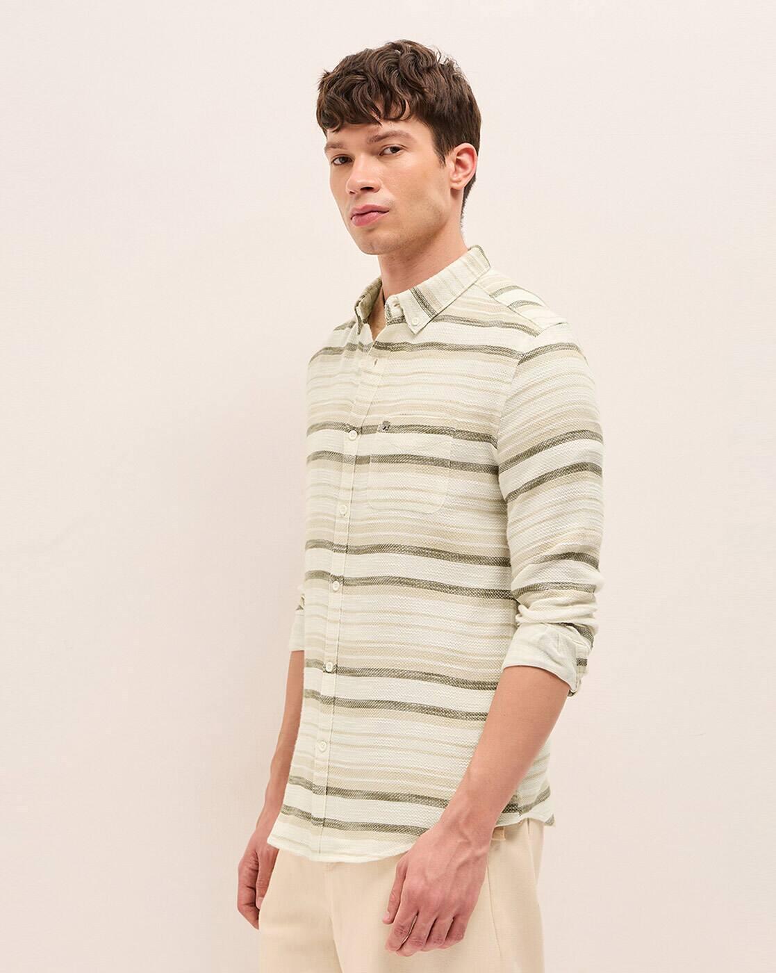 Men Striped Cotton Slim Fit Ca, BEIGE, M