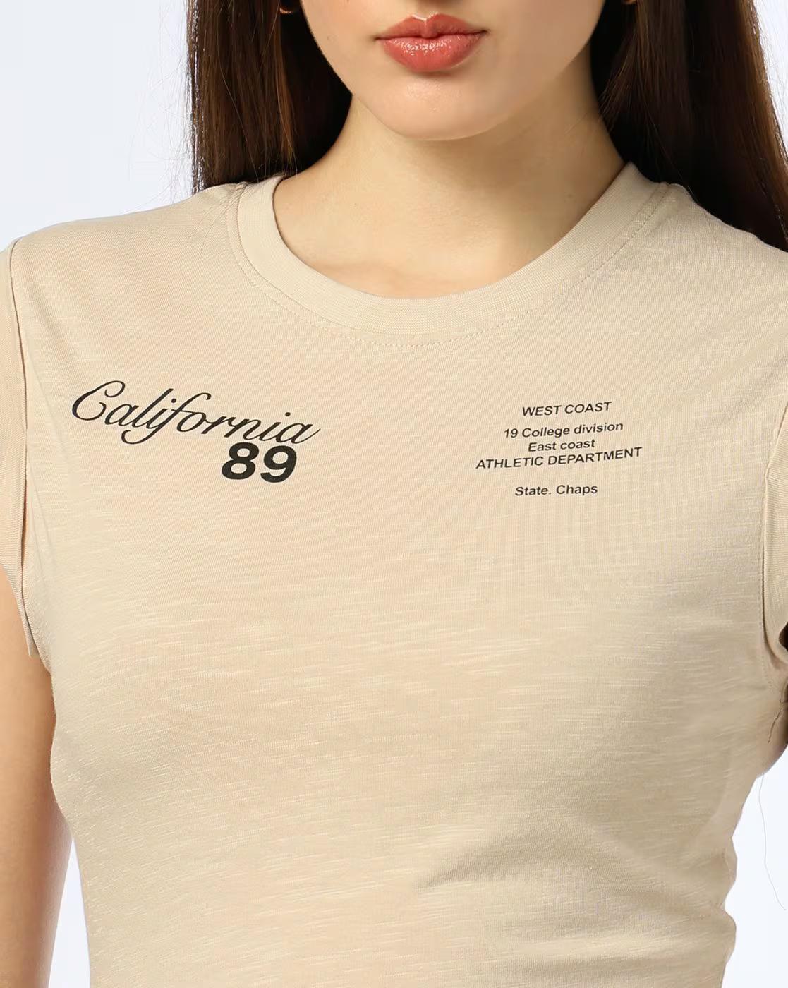 ROLLUP SLEEVES GRAPHIC TOP, BEIGE, S