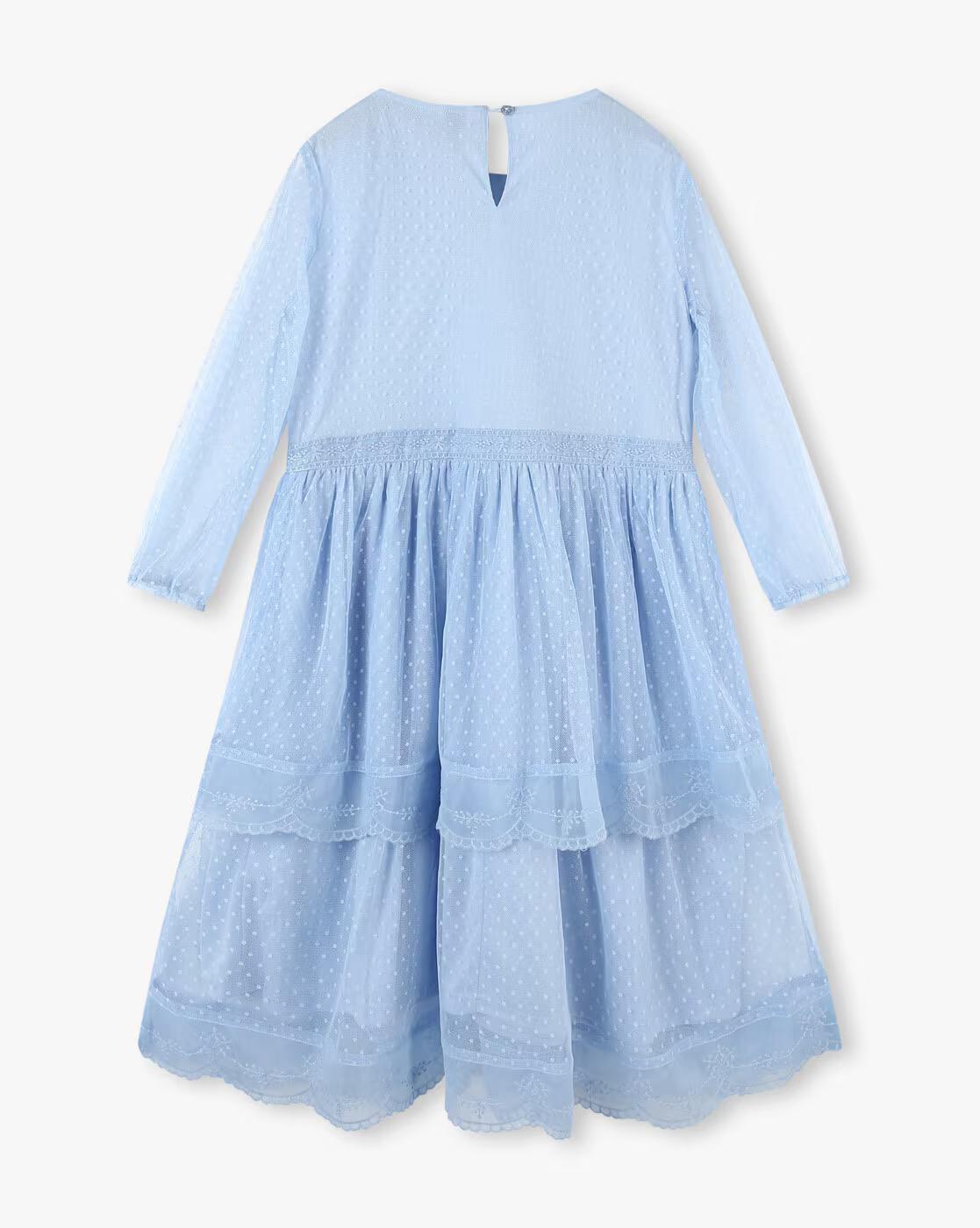Girls Swiss-Dot Round-Neck Tiered Dress