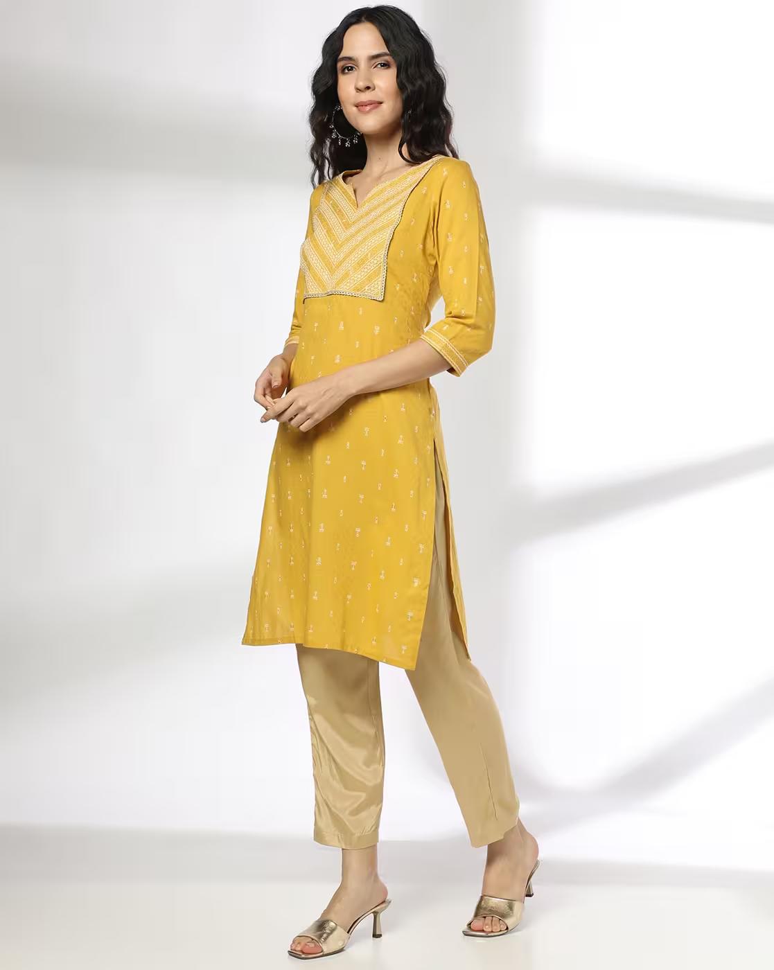 V SHAPE EMB YOKE DOT LINE AO, MUSTARD, M