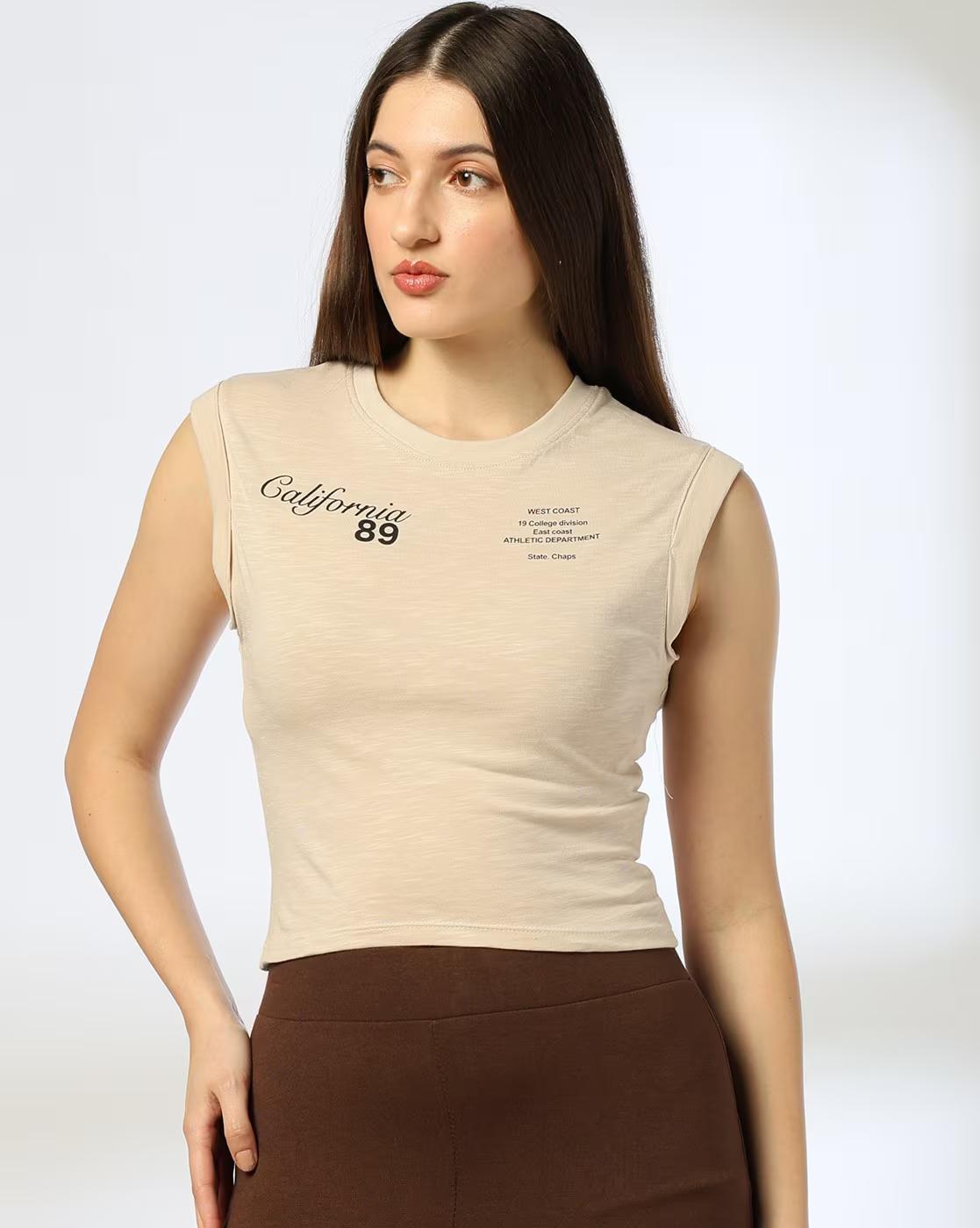 ROLLUP SLEEVES GRAPHIC TOP, BEIGE, S