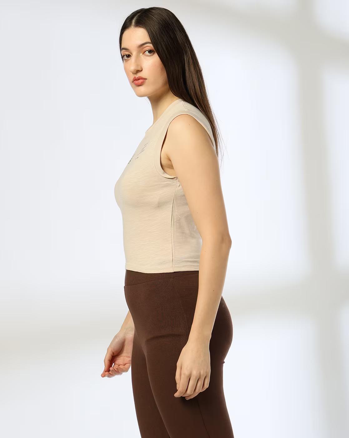 ROLLUP SLEEVES GRAPHIC TOP, BEIGE, S
