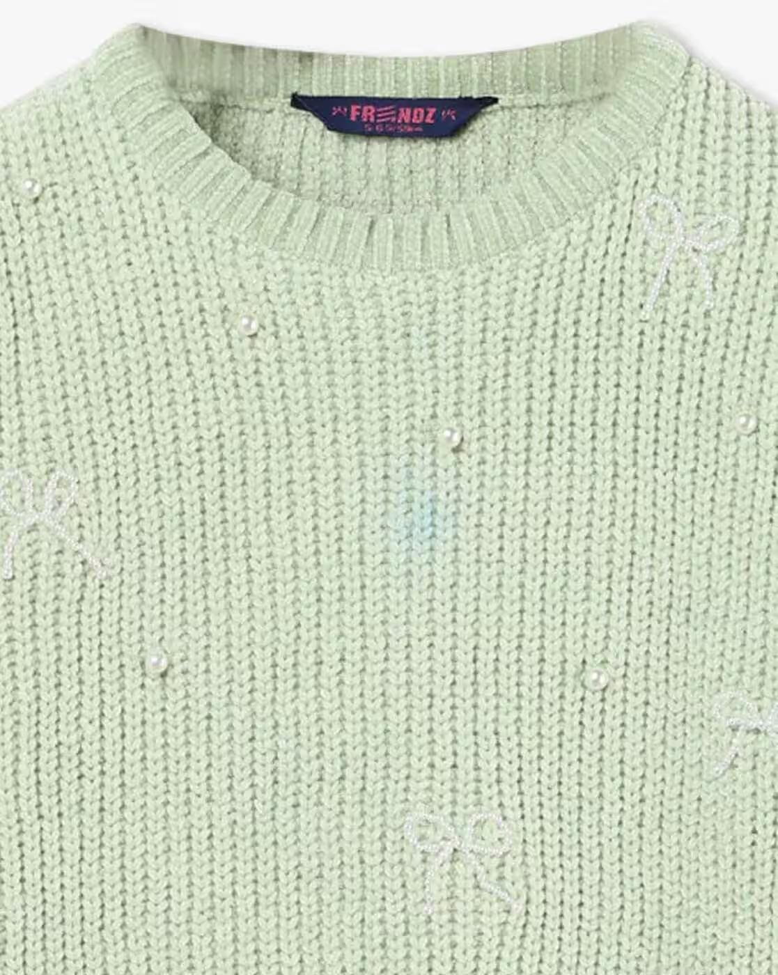 Girls Embellished Regular Fit Round-Neck Sweater