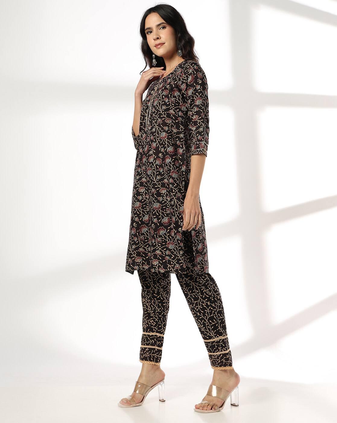 FLORAL JAAL DARK GOTA PLACKET, BLACK, L