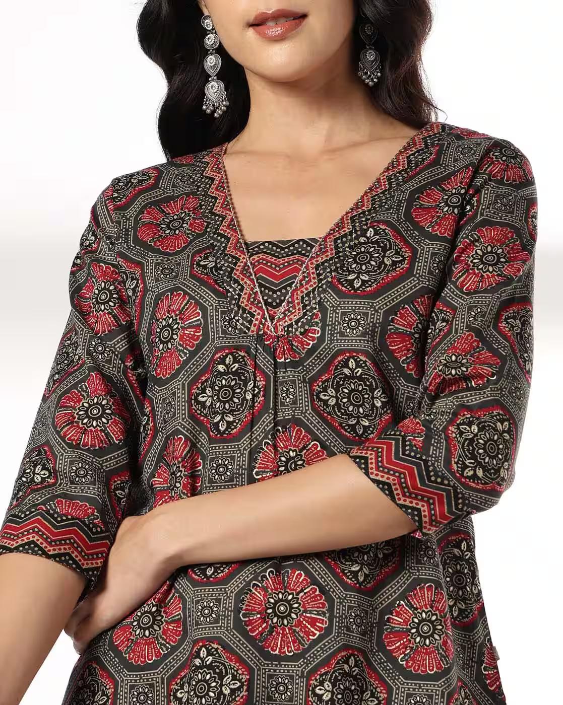 HEXAGONAL AJRAK V NECK SET, DARK GREY, M
