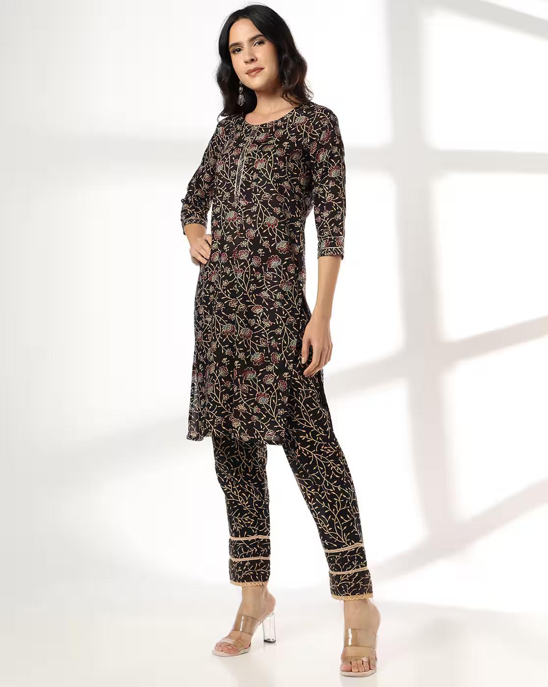 FLORAL JAAL DARK GOTA PLACKET, BLACK, L