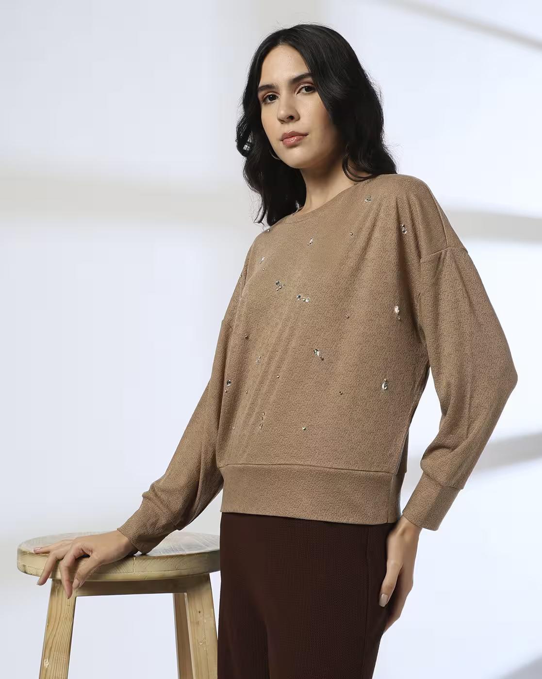 OVERSIZED SWEATSHIRT WITH EMBEL, TAN, XL