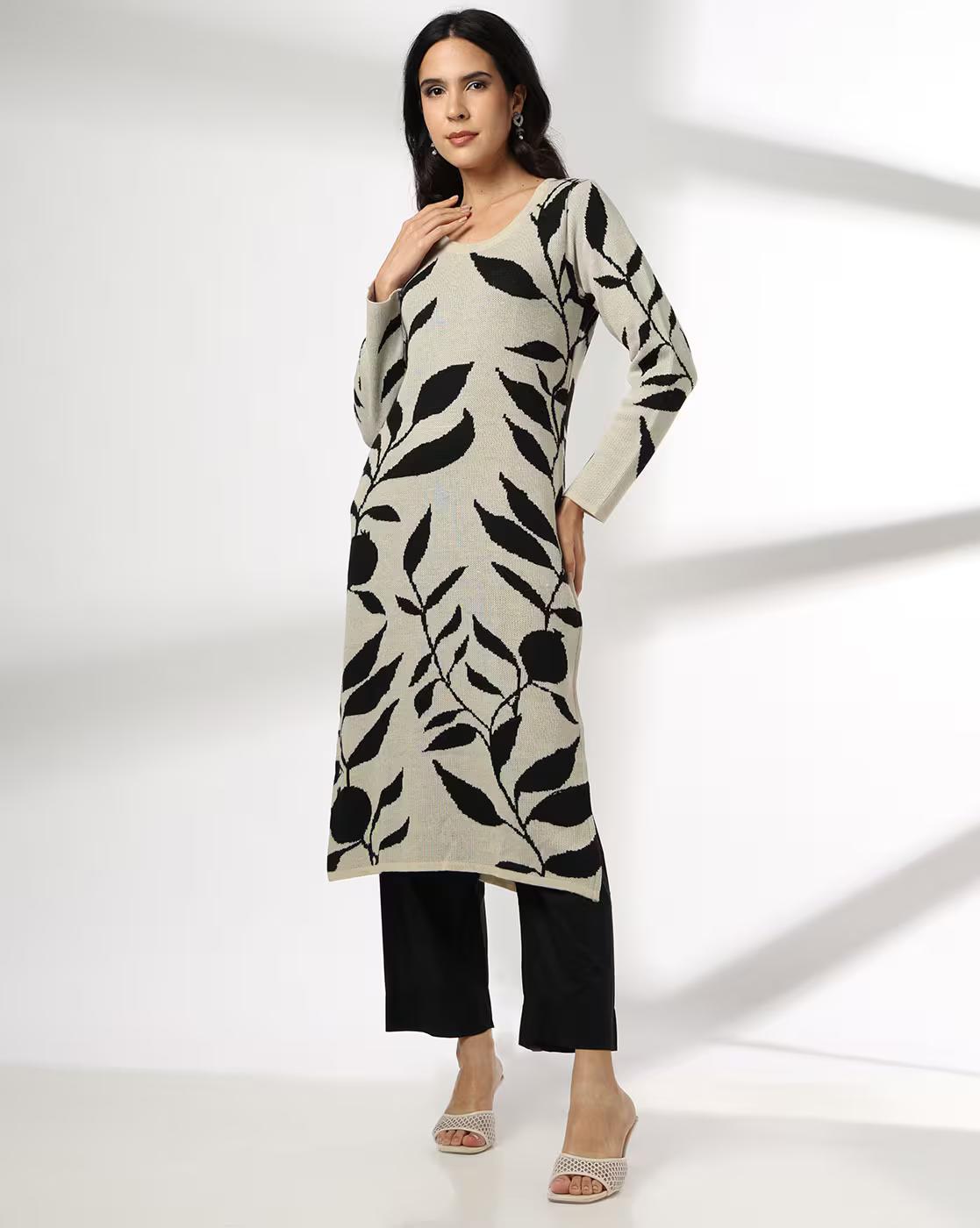 Women Leaf Print Oversized Straight Kurta