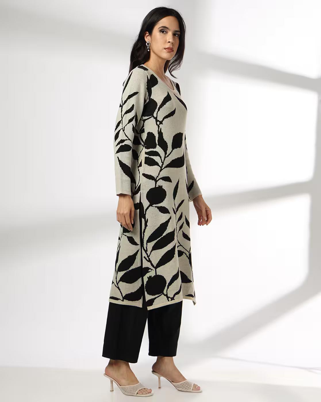 Women Leaf Print Oversized Straight Kurta