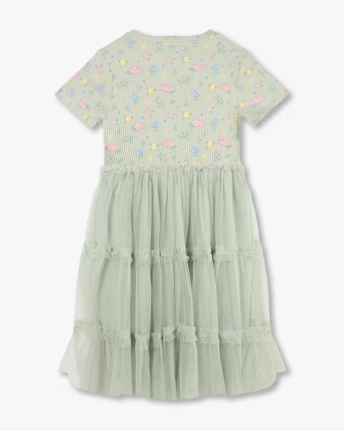 Girls Floral Print Round-Neck Tiered Dress