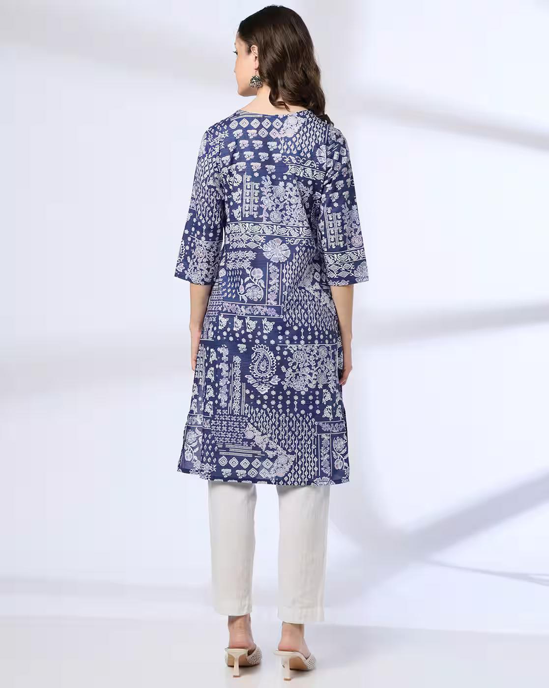 PAISLEY BUTA MIX PRINT KURTA, BLUE, L