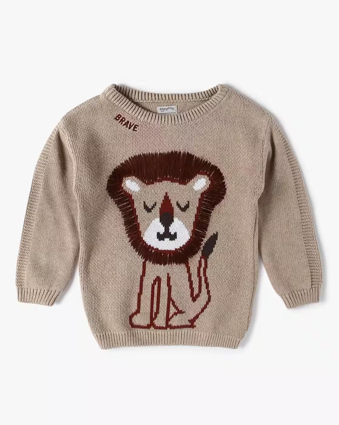 SWEATER WITH KNITTED LION, BEIGE, 12-18M