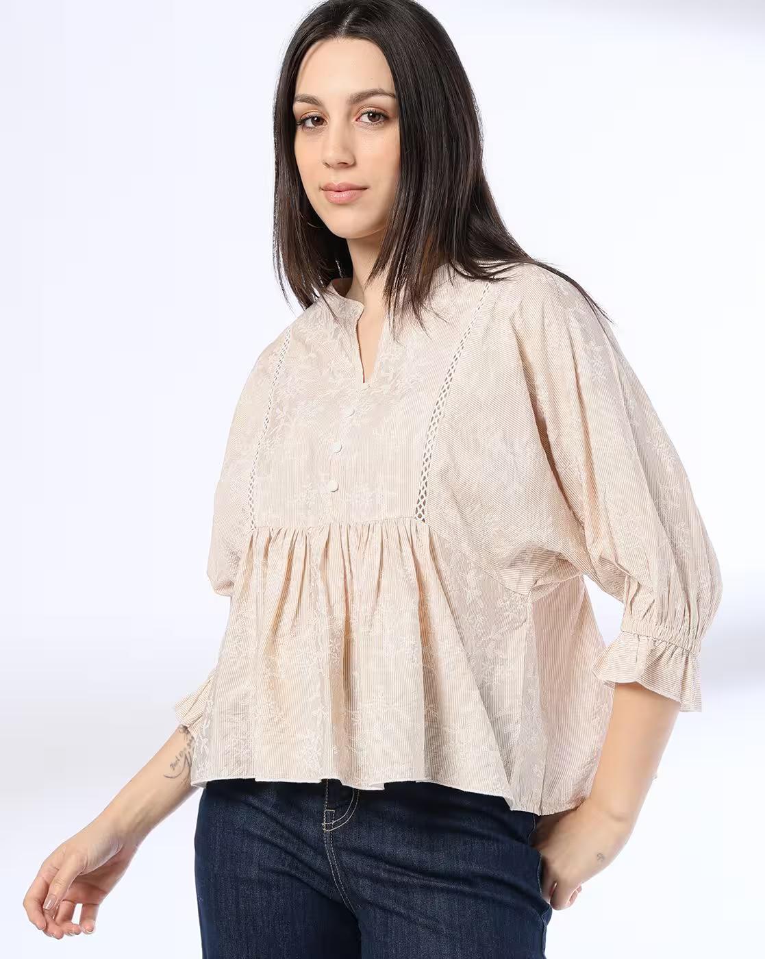 Y Notch Printed Peplum Top, BEIGE, S