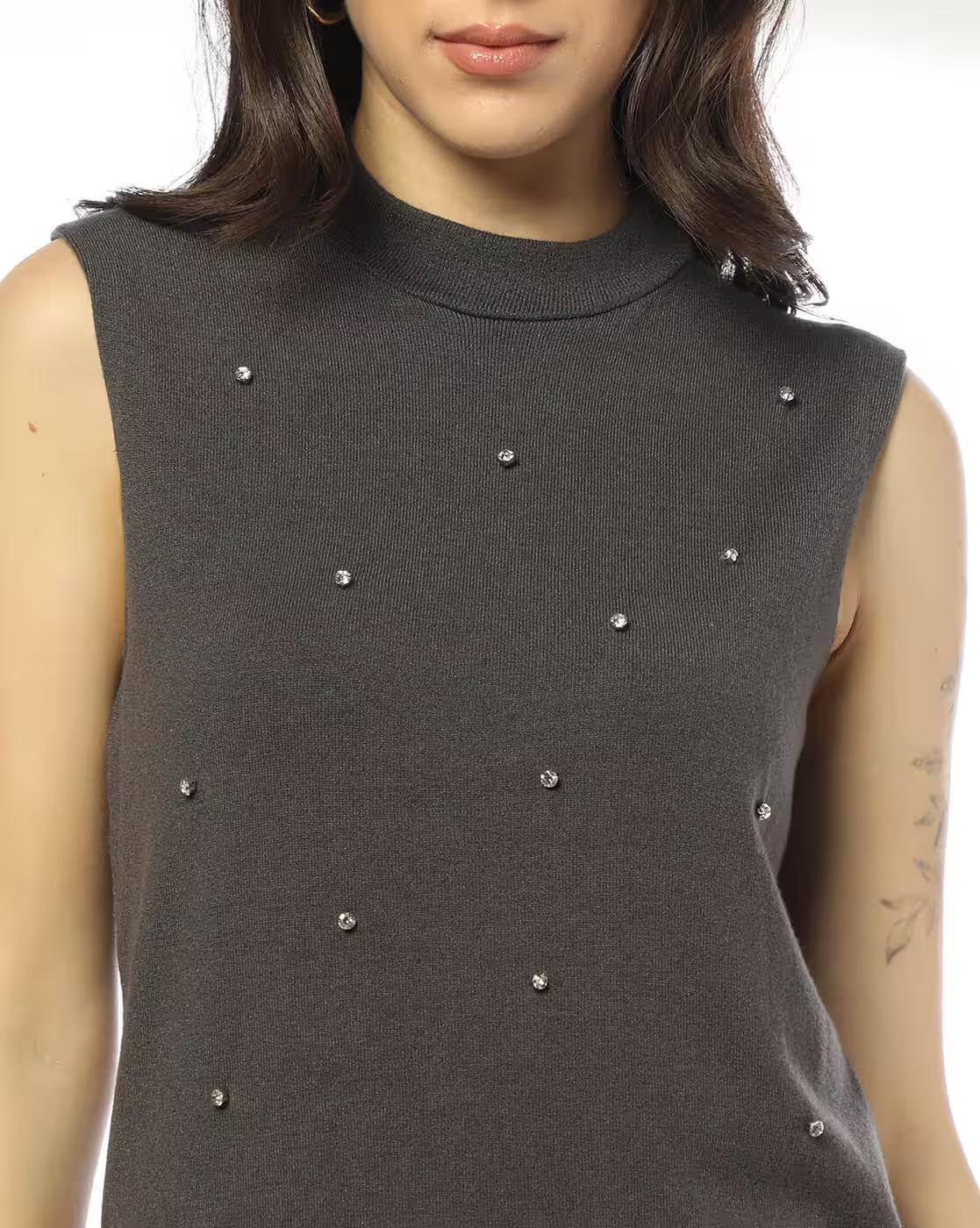 Women Embellished Slim Fit High-Neck Top