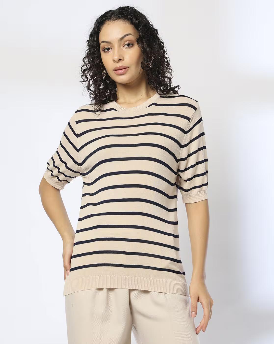 ROUND NECK STRIPER PULLOVER, Mauve, XL