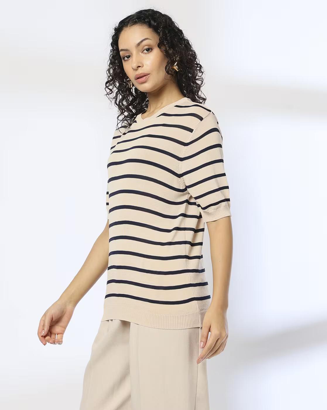 ROUND NECK STRIPER PULLOVER, Mauve, XL